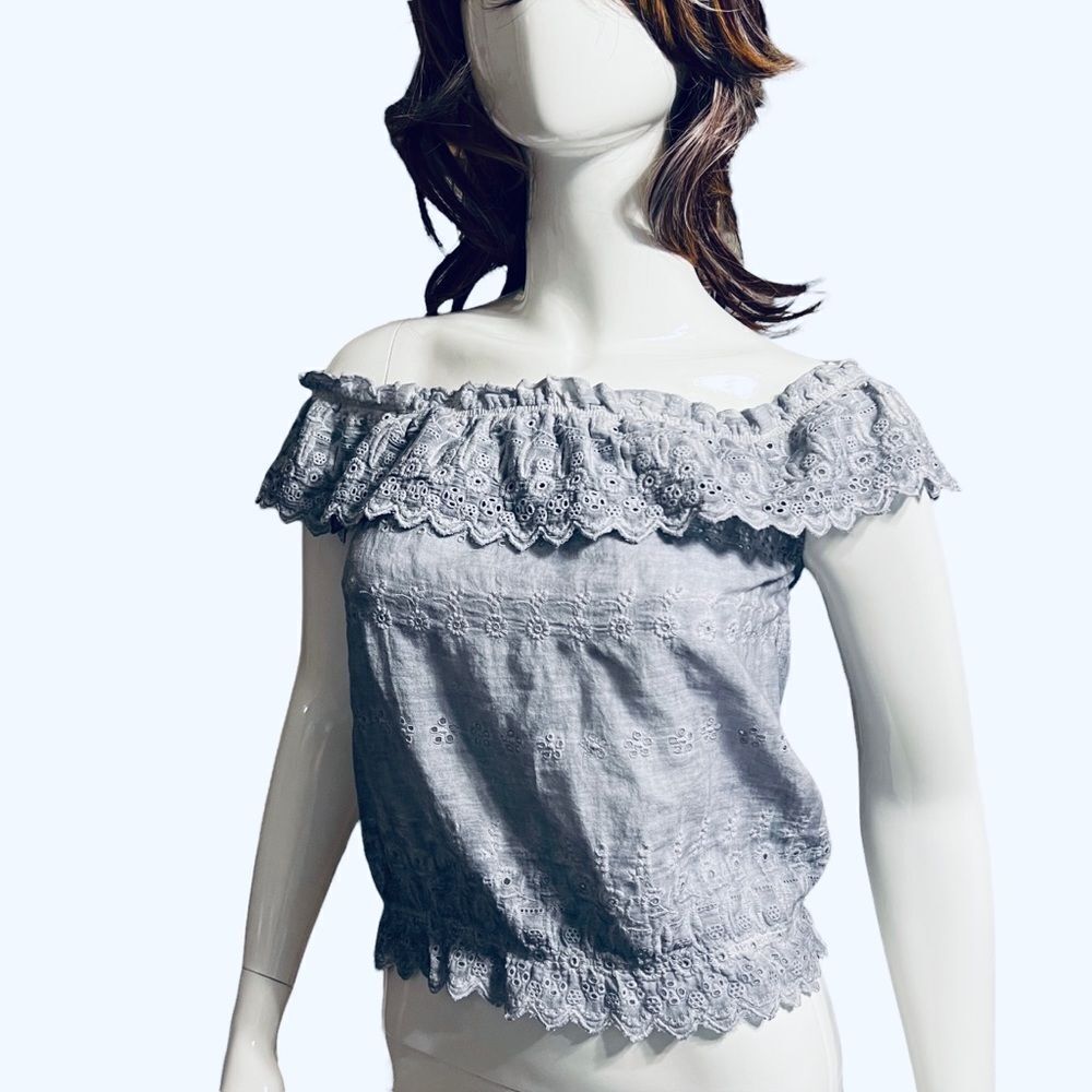 Off The Shoulder Dusty Blue Short Eyelet Blouse American Eagle Outfitters XS